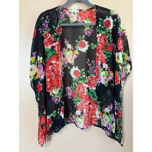 Tres Bien Floral Chiffon Kimono Cardigan Black Rose Print Open Front Small